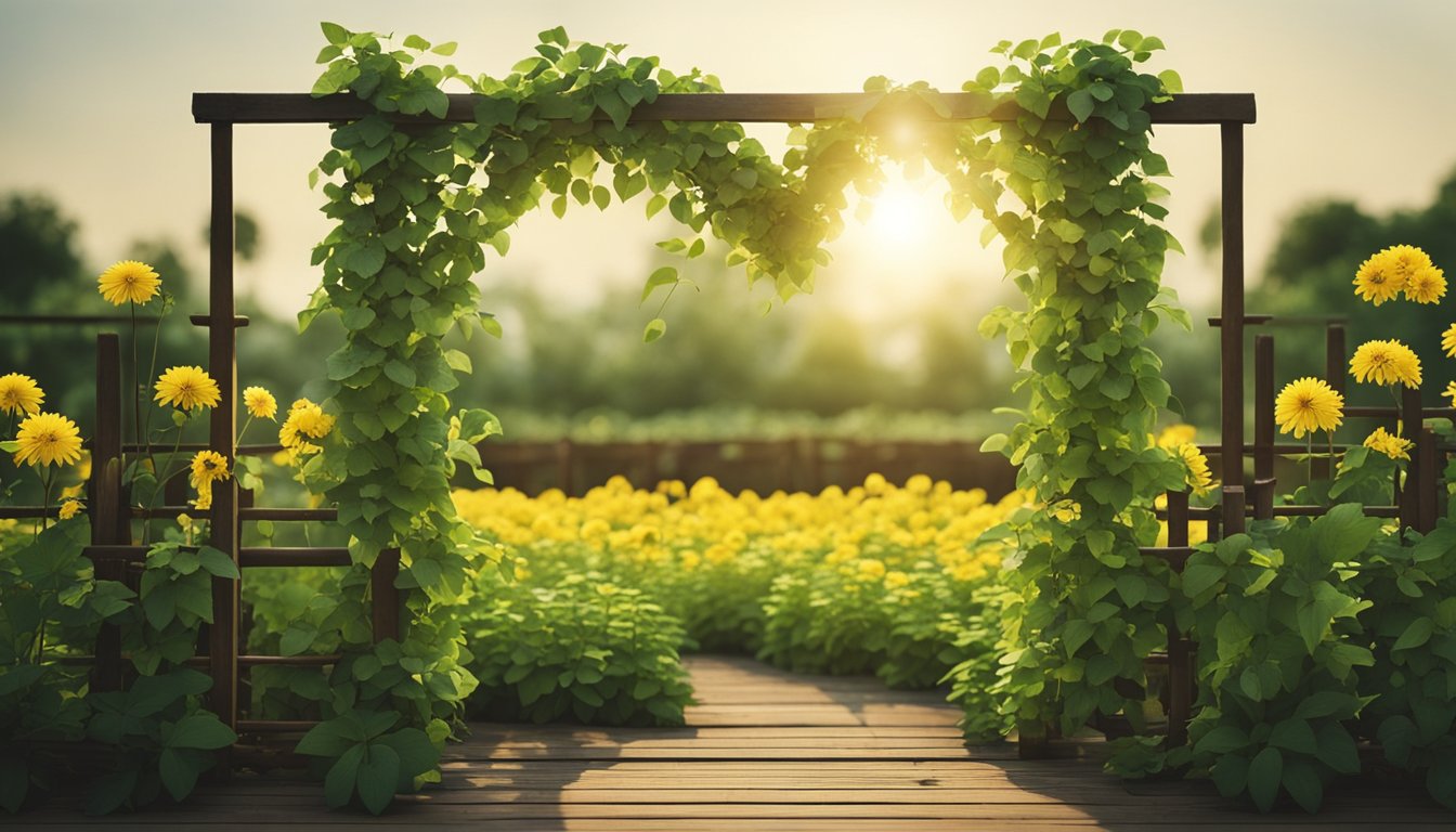 Lush garden with wild yam vines on wooden trellis, heart-shaped leaves, yellow flowers, and visible tuberous roots in rich soil. Serene, natural backdrop with sunlight and shade