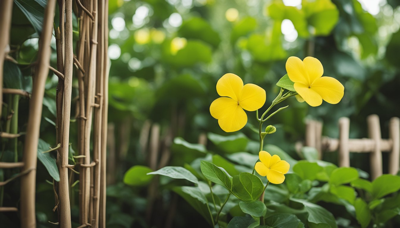 Lush garden with wild yam vines on wooden trellis, heart-shaped leaves, yellow flowers, visible tuberous roots, rich soil, serene natural setting