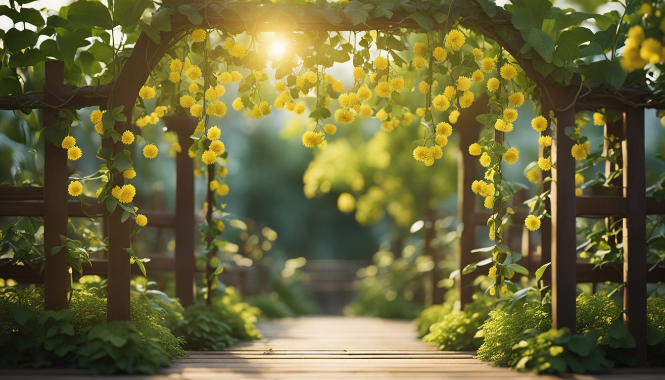 Lush garden with wild yam vines on wooden trellis, heart-shaped leaves, and yellow flowers. Rich soil, visible tuberous roots, serene natural setting with sunlight and shade