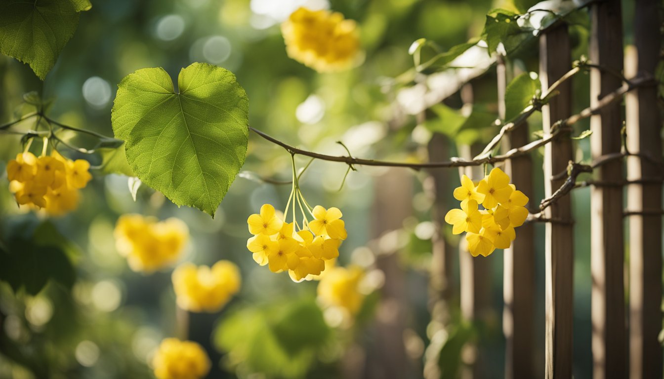 Wild yam vines twine around a wooden trellis in a lush garden. Heart-shaped leaves and yellowish flowers adorn the vines, with tuberous roots partially visible in the rich soil. Serene sunlight and shade fill the background