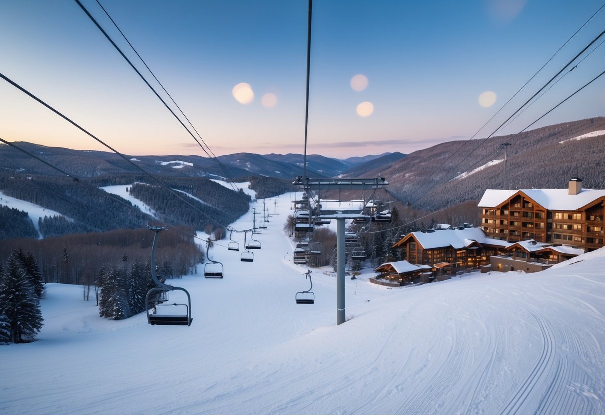 Snow-covered slopes, chairlifts, and cozy lodges nestled in the mountains at Holiday Valley ski resort in New York