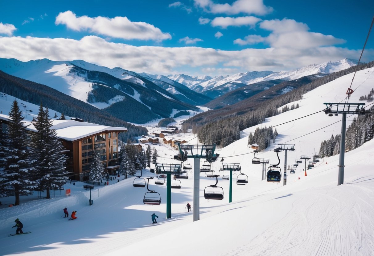 Snow-covered mountains surround a bustling ski resort with chairlifts, skiers, and snowboarders at Holiday Valley in New York