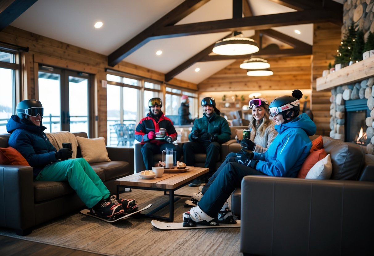 Skiers and snowboarders enjoy après-ski activities in the cozy lodge at Holiday Valley Ski Resort in New York