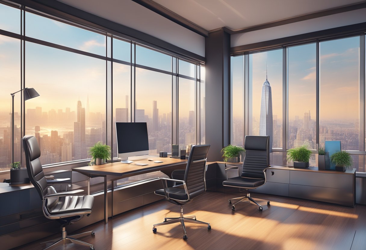 A luxurious office with a sleek desk, leather chairs, and a large window overlooking a city skyline. A computer and financial charts are neatly arranged on the desk