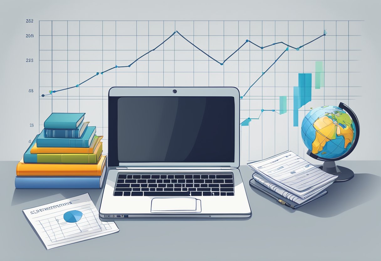 A desk with a laptop, financial documents, and a pen. A graph showing investment growth on the wall. A globe and a stack of books on the side