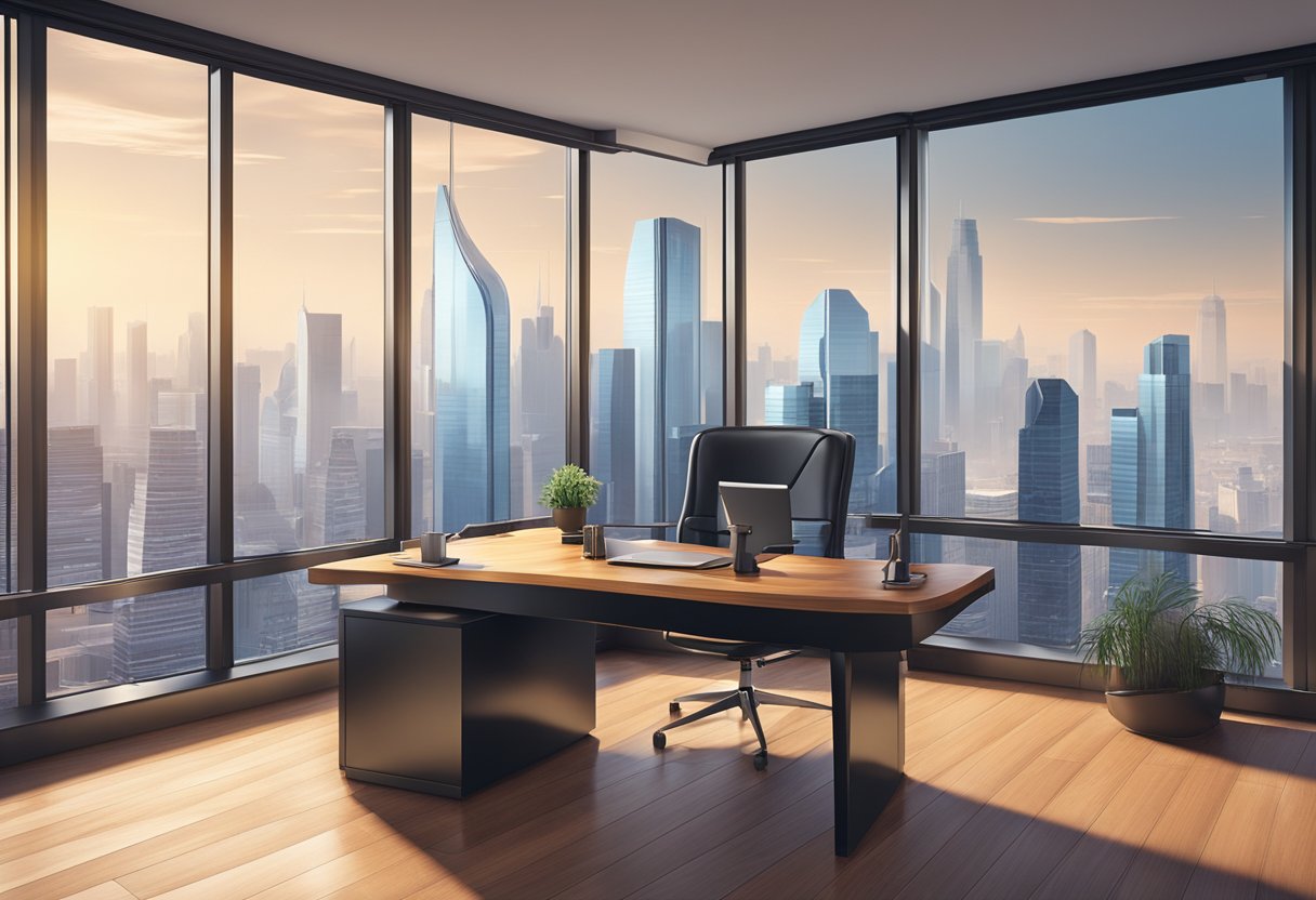 A luxurious office with a polished wooden desk, leather chair, and large windows overlooking a city skyline. A computer and financial charts are on the desk