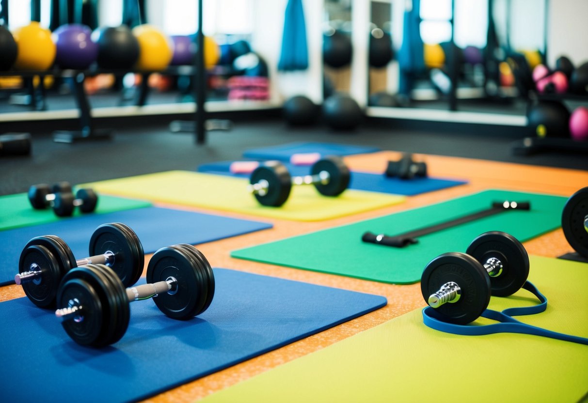 A colorful gym with various equipment, including dumbbells, resistance bands, and exercise mats, arranged in an open space for a full-body HIIT workout for beginners