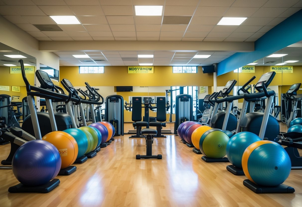 A colorful array of exercise equipment arranged in a spacious, well-lit gym studio, with a backdrop of motivational posters and mirrors