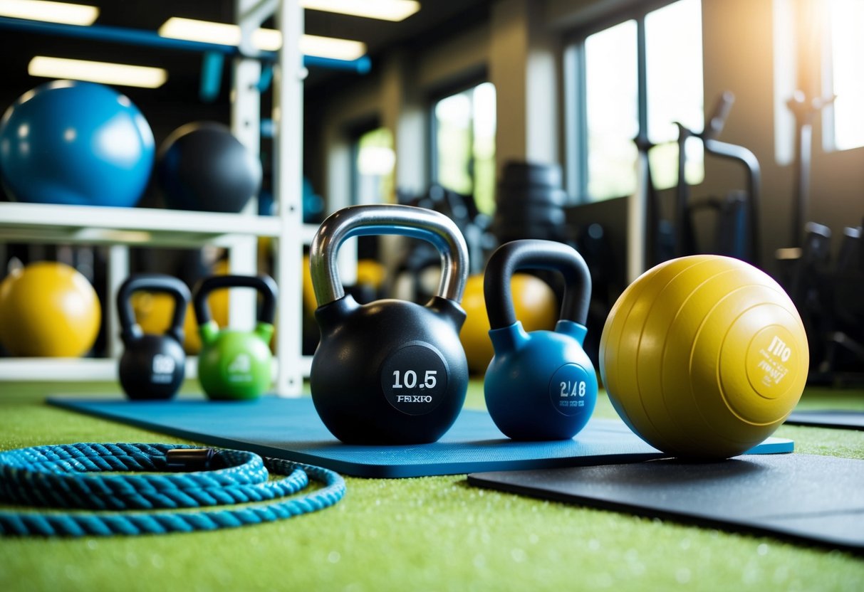 A gym setting with various workout stations: kettlebells, medicine balls, jump ropes, and mats. Bright, energetic atmosphere