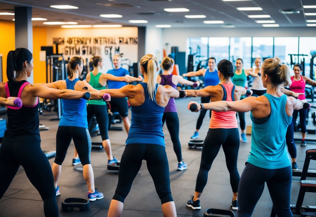 A diverse group of beginners perform high-intensity interval training exercises in a spacious, well-lit gym. Various equipment and workout stations are visible, as well as motivational decor