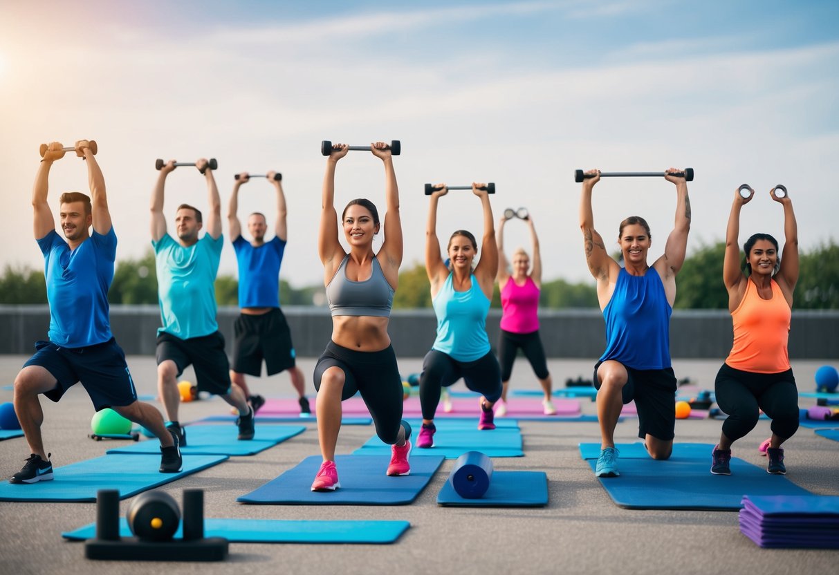 A diverse group of people performing various high-intensity exercises in an open space with exercise mats and equipment scattered around