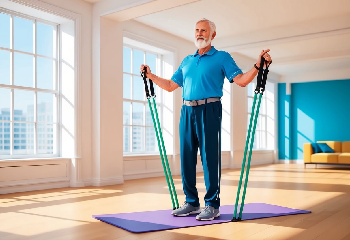 A senior performing standing HIIT exercises with resistance bands in a bright, spacious room with large windows