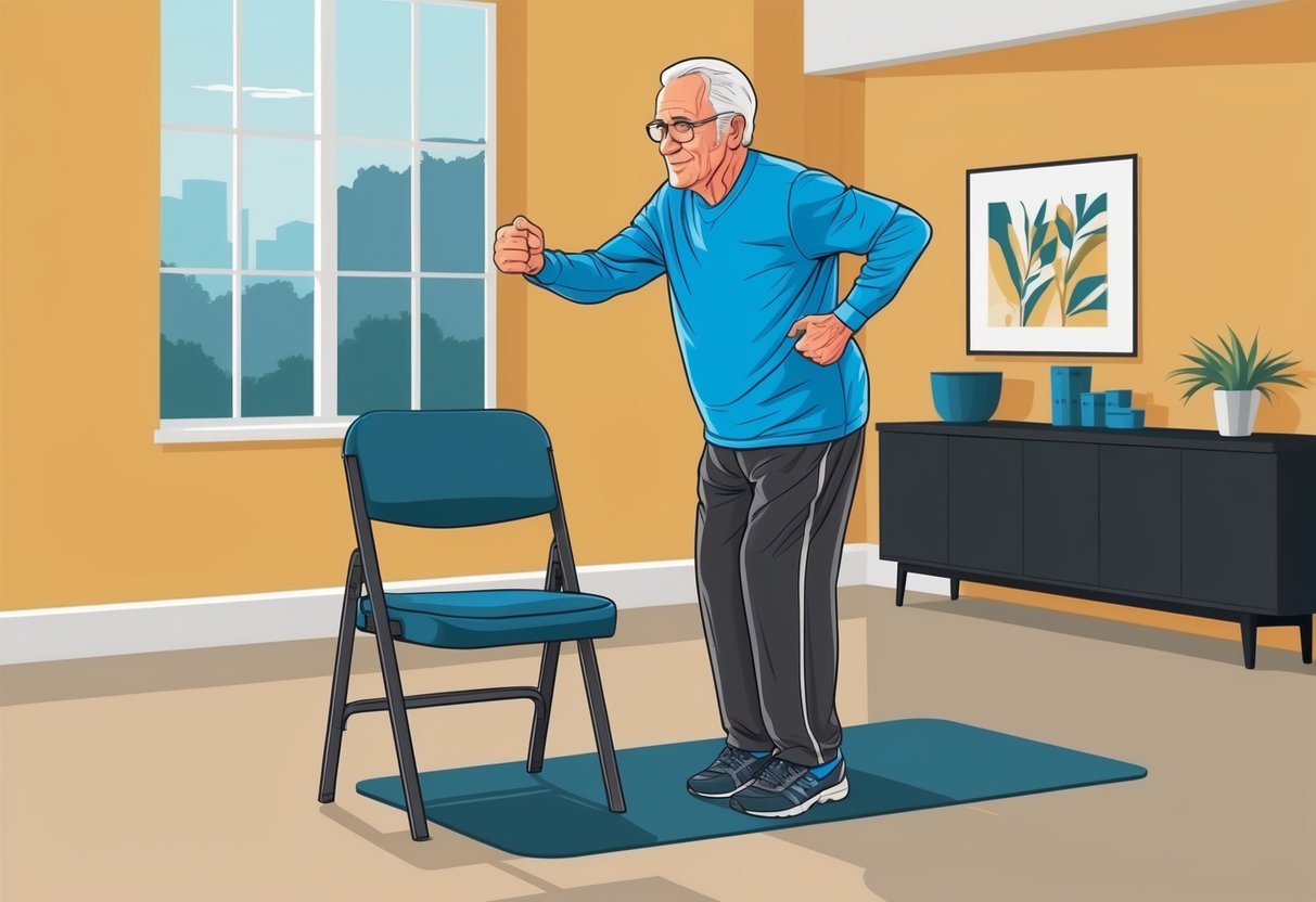 A senior performing standing HIIT exercises with a chair for support