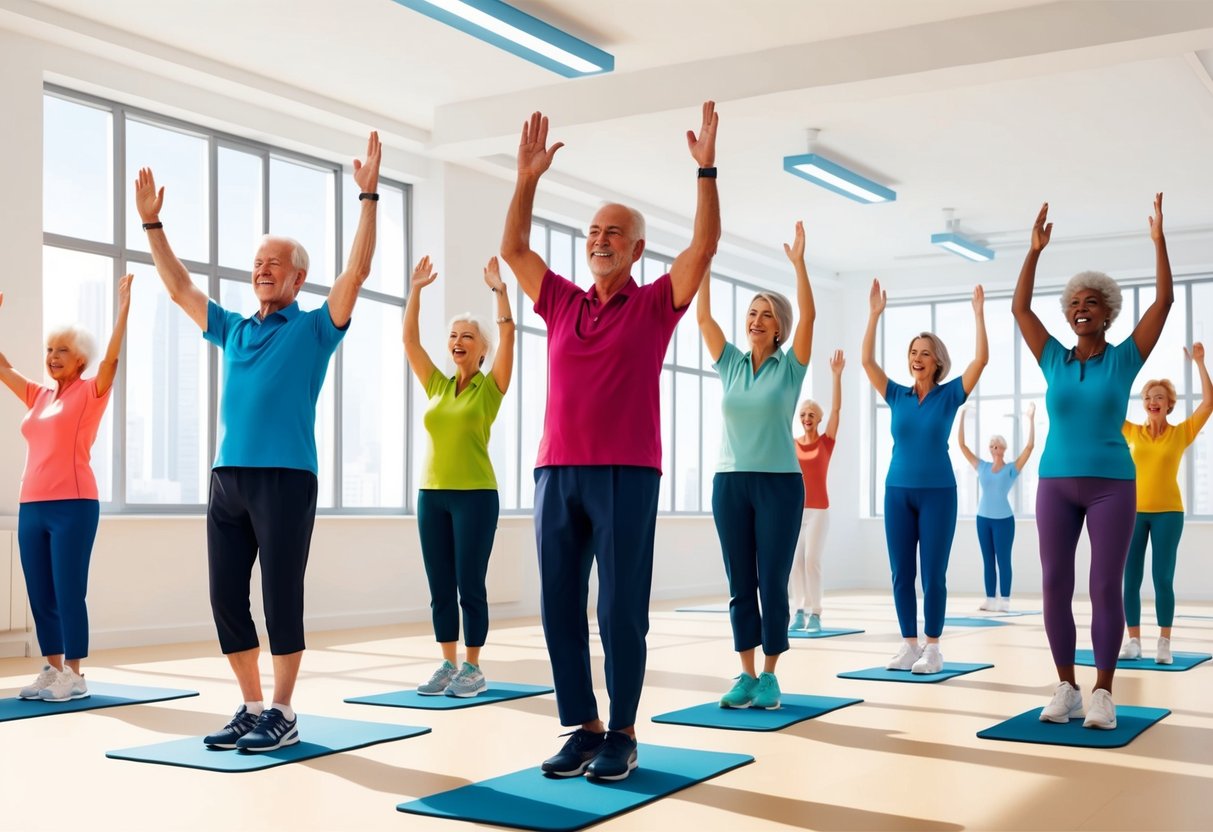 A group of seniors performing standing HIIT exercises in a bright, spacious room with upbeat music playing in the background