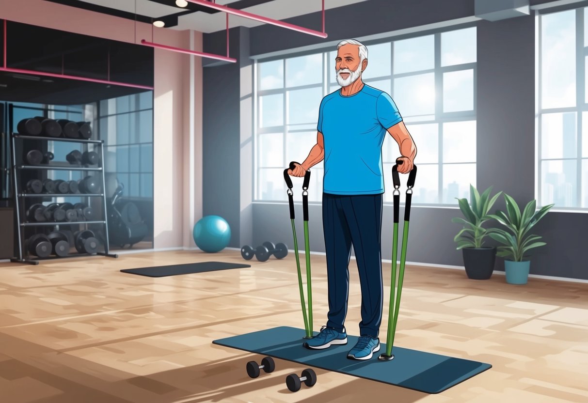 A senior performing standing HIIT exercises with resistance bands and hand weights in a well-lit gym studio