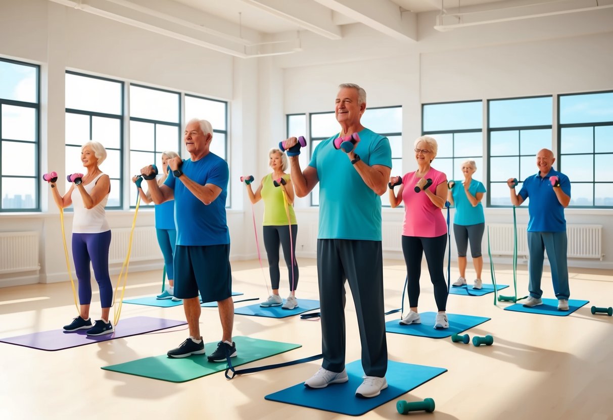 A group of seniors performing standing HIIT exercises in a bright, spacious room with large windows, using resistance bands and light hand weights