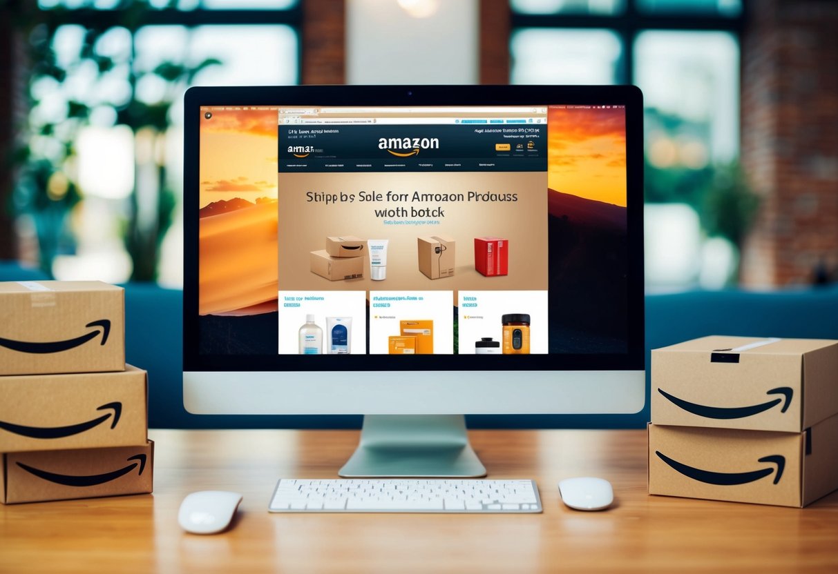 A computer with Amazon USA website displayed, surrounded by various products and shipping boxes