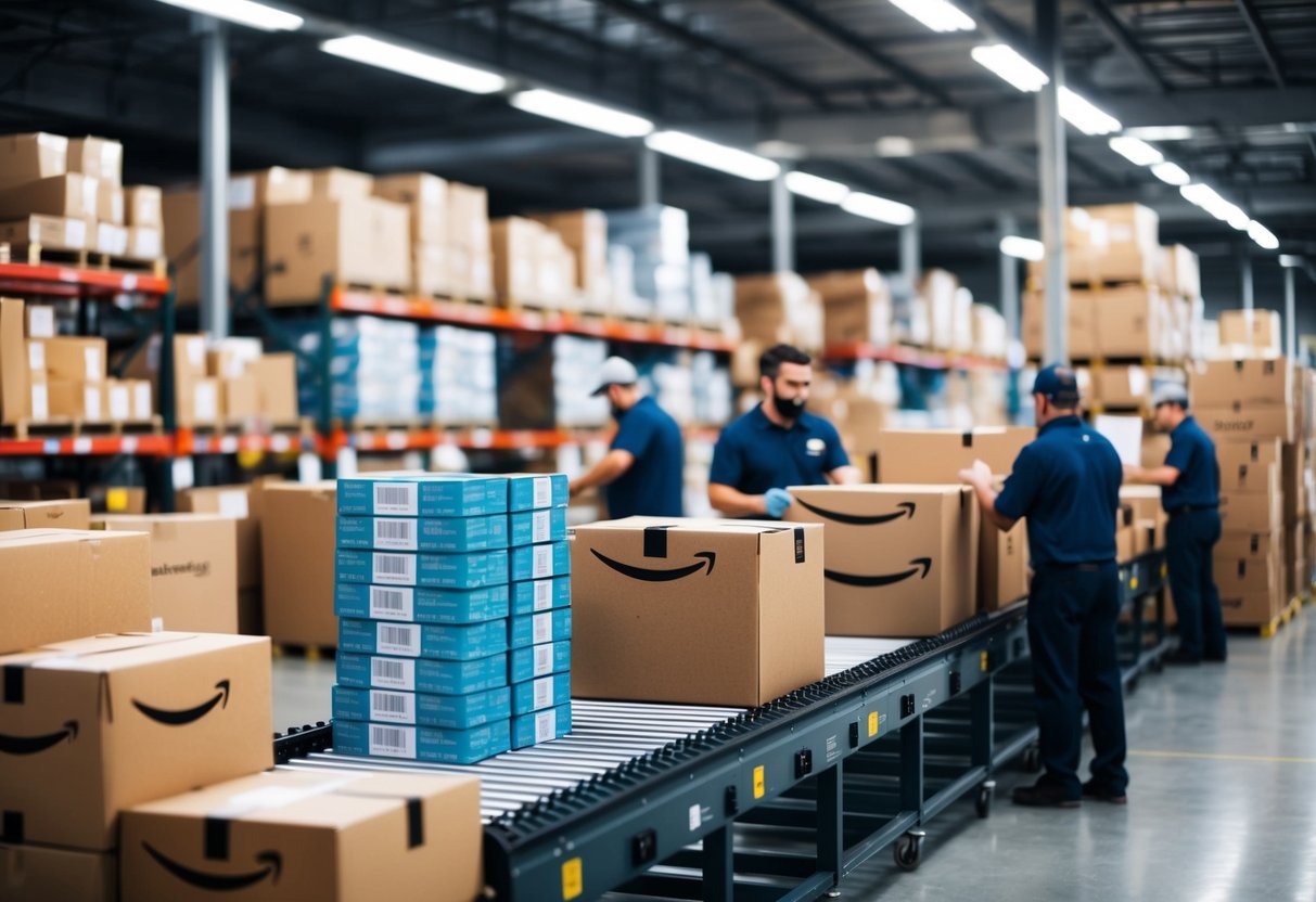 A bustling Amazon warehouse with stacks of products, conveyor belts, and workers fulfilling orders