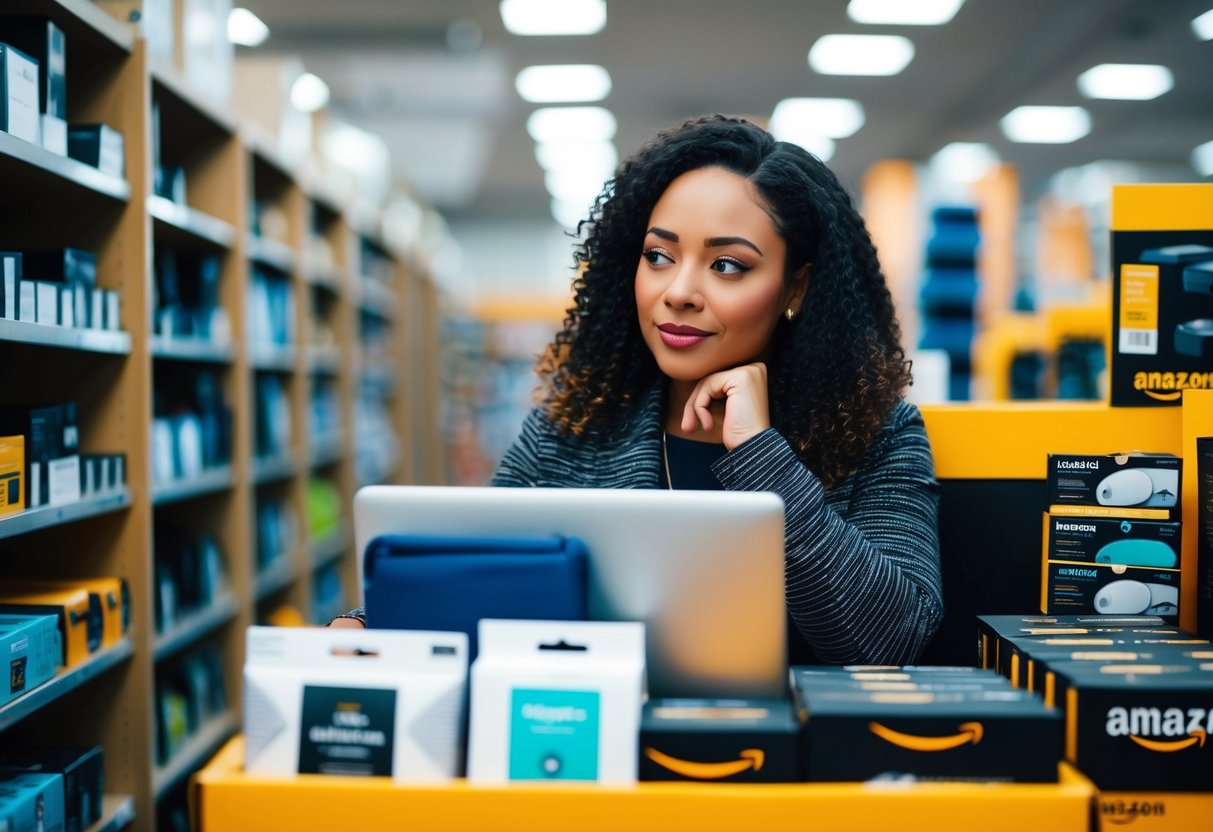 A person browsing through a variety of products on Amazon USA with a thoughtful expression on their face