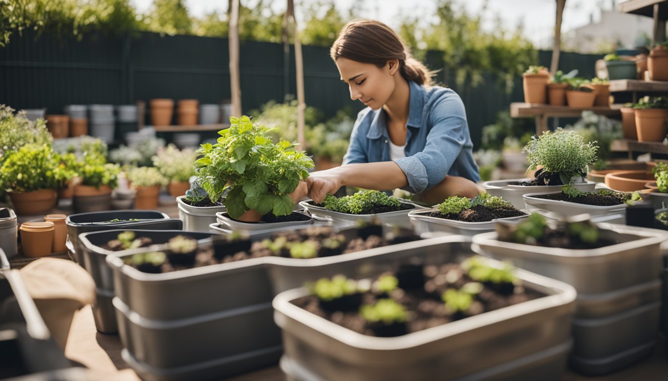 A person selecting various containers for planting, surrounded by a variety of pots, baskets, and boxes in a garden or outdoor setting