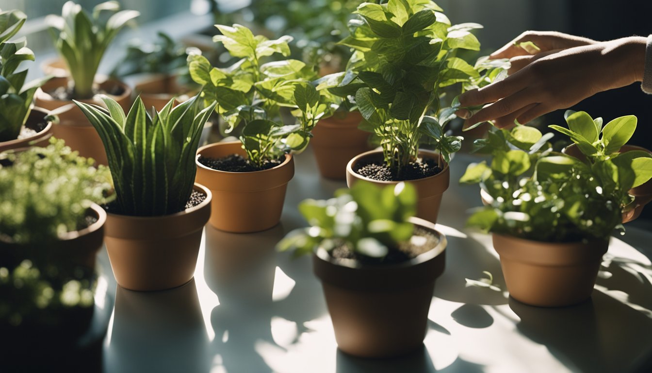 A person holding a variety of potted plants, carefully selecting and arranging them in a large container. Sunlight streams in through a nearby window, casting shadows on the floor