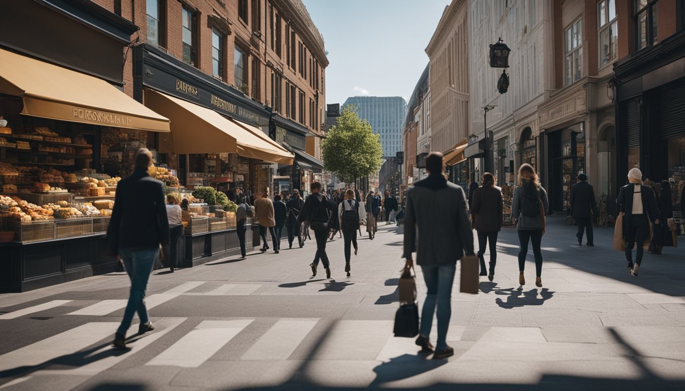 A bustling city street with diverse shops and businesses, showcasing a variety of products and services. Pedestrians walk by, some stopping to peer into storefronts