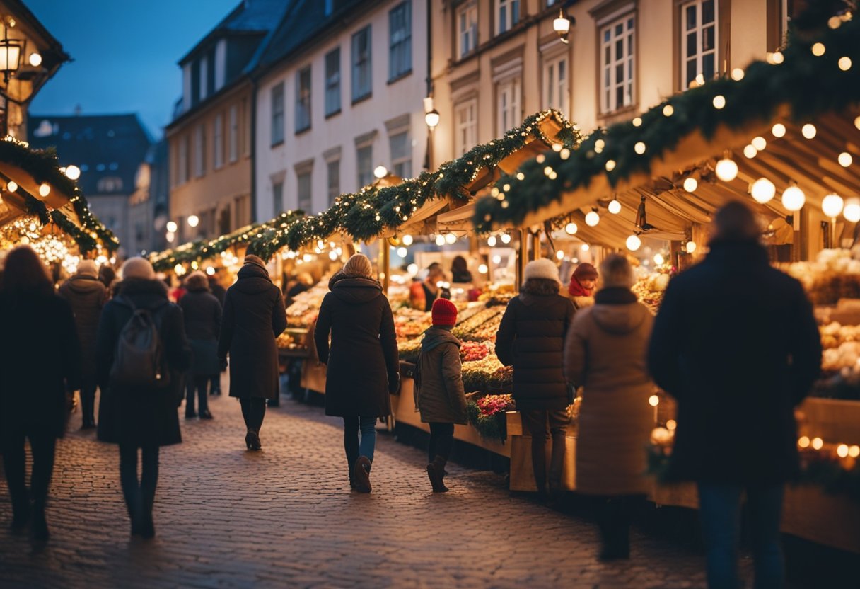 Judri Europos Kalėdų mugė su spalvingais kioskais, mirguliuojančiomis šviesomis ir džiaugsmingais lankytojais, mėgaujantis tradiciniais šventiniais skanėstais ir pramogomis