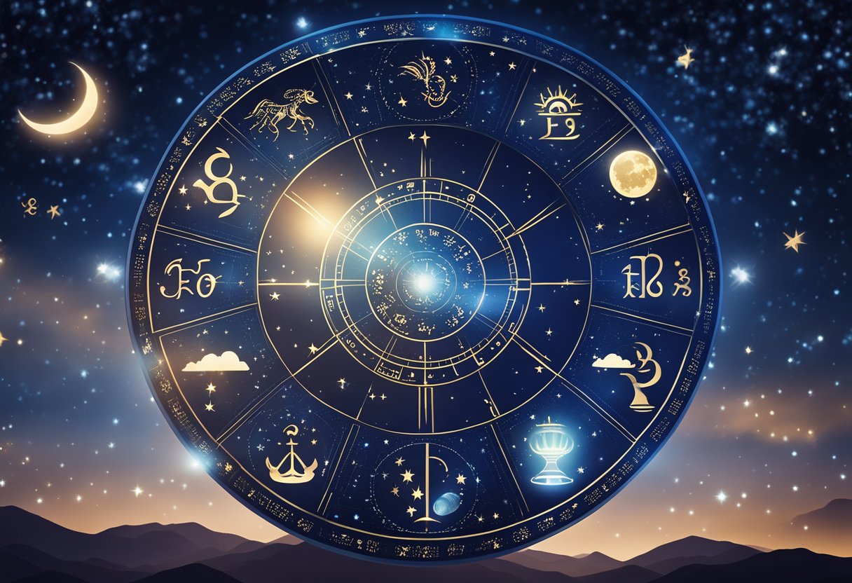 Ramybės nakties dangus su ryškiai šviečiančiais zodiako ženklais, apsuptas sveikatos ir gyvenimo būdo pokyčių simbolių 2025 metams