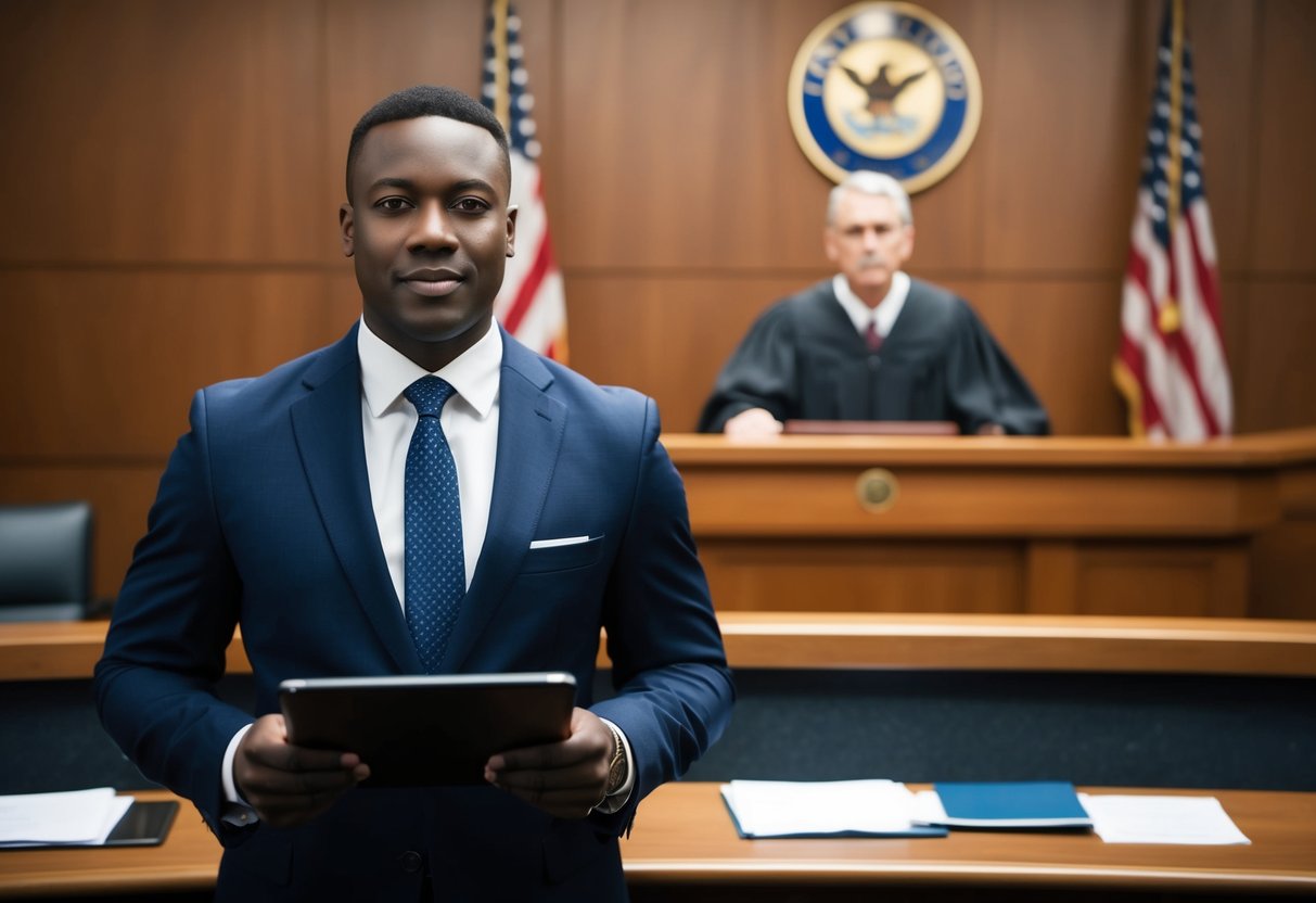 A courtroom with a lawyer standing confidently in front of a judge, presenting a case for a misdemeanor charge. The lawyer is wearing a professional suit and appears knowledgeable and composed