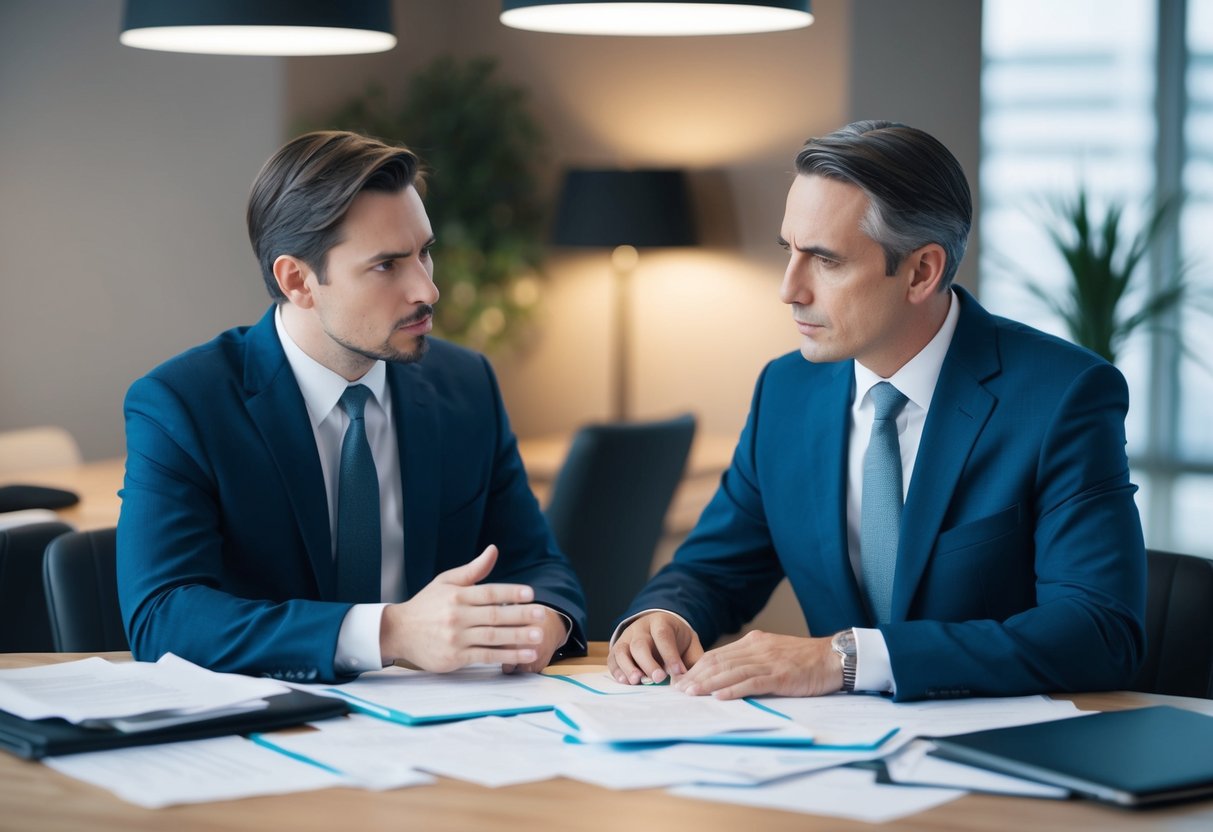 Two lawyers sitting at a table, discussing a legal case. Papers and documents scattered across the table, with a serious and intense atmosphere