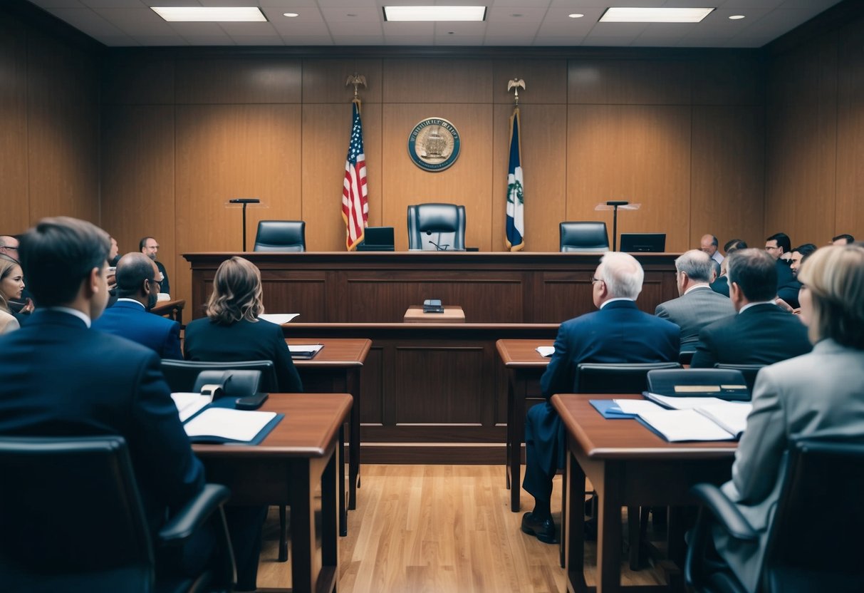 A courtroom with a judge's bench, witness stand, and seating for lawyers and defendants. The room is filled with people, creating a tense atmosphere