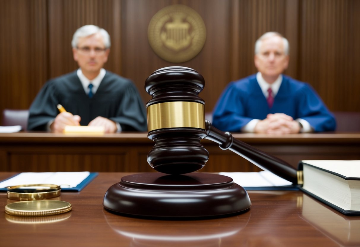 A gavel striking a desk in a courtroom, with a judge and lawyer present