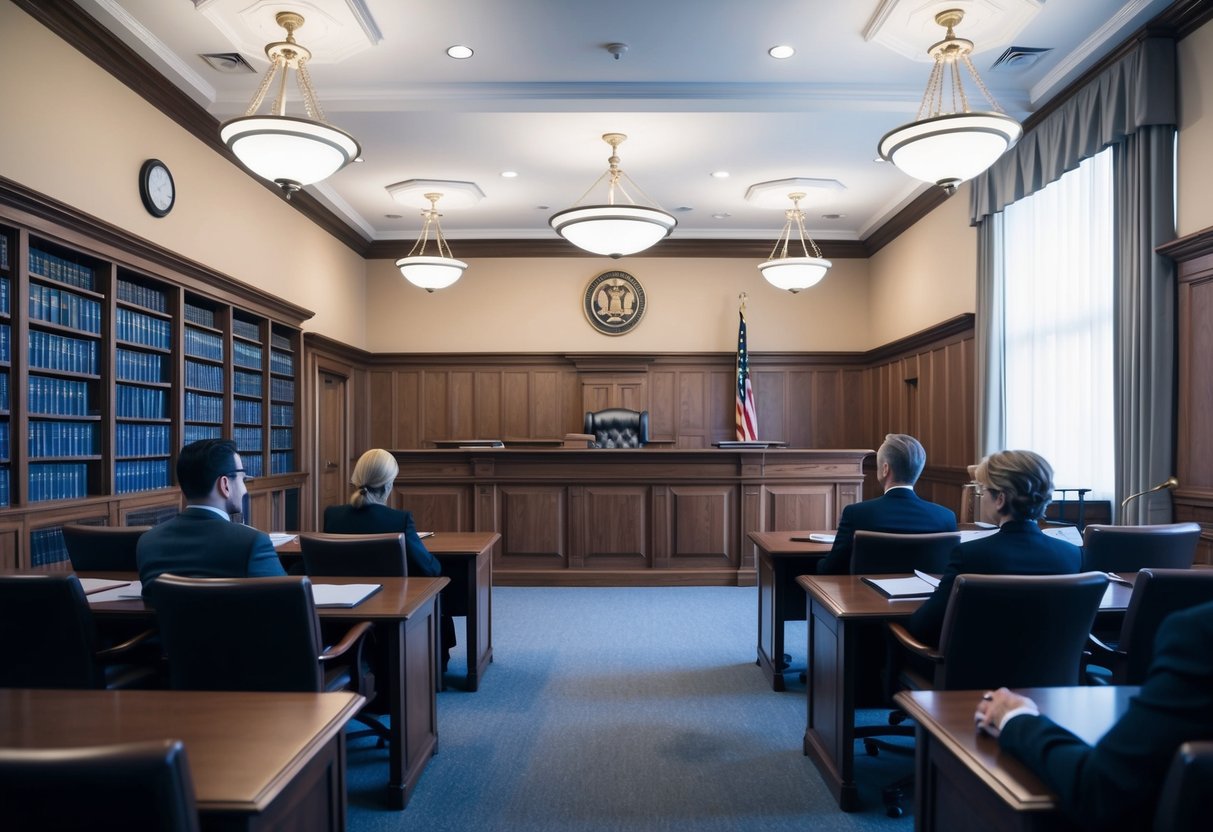 A courtroom with a judge's bench, witness stand, and seating for lawyers and defendants. A legal library with shelves of law books