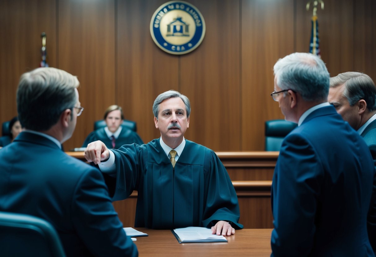 A courtroom scene with a judge sentencing a person for a drug offense, while a lawyer and defendant look on