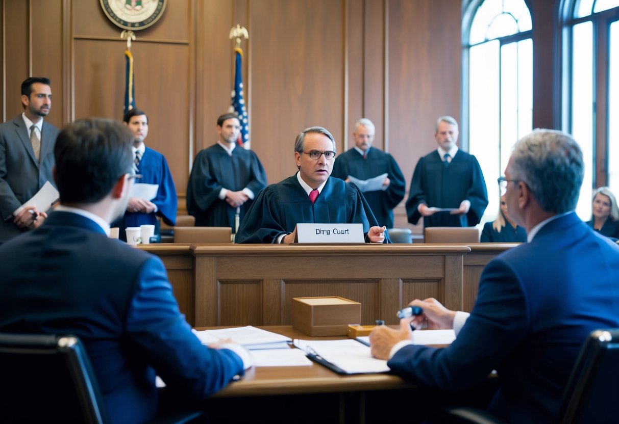 A courtroom scene with a judge presiding over drug court cases, lawyers presenting defense strategies, and individuals navigating the legal process in Marietta