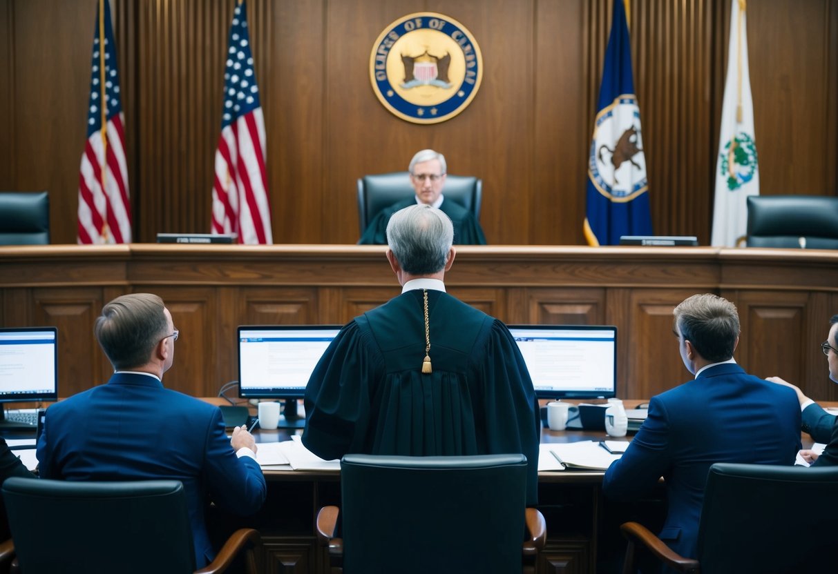 A courtroom with a judge presiding over a trial, with lawyers presenting evidence and arguments. The state and federal flags are displayed in the background