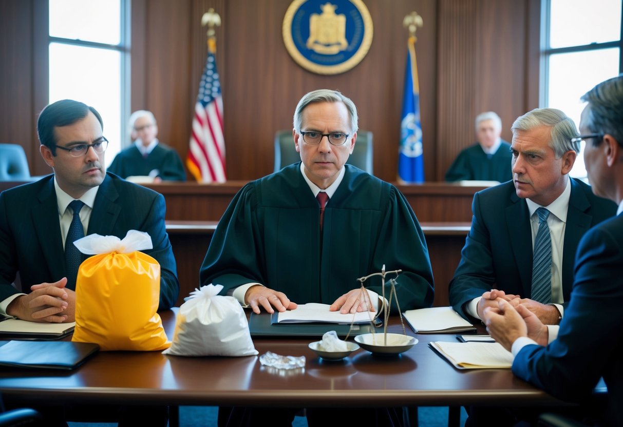 A courtroom with a judge, lawyers, and defendant. Evidence bags, scales, and drug paraphernalia on a table. Negotiations and discussions taking place