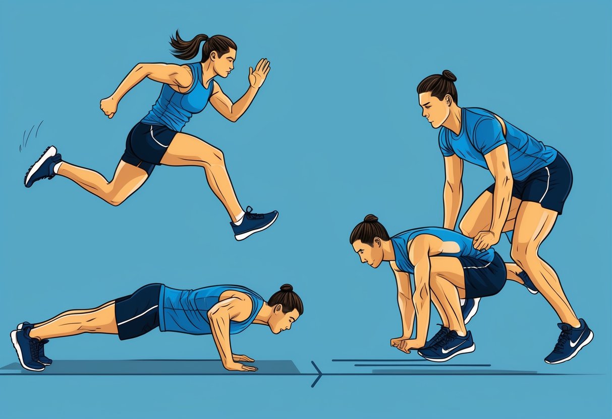 A high-intensity interval training (HIIT) scene: a person jumping, sprinting, and doing push-ups in quick succession