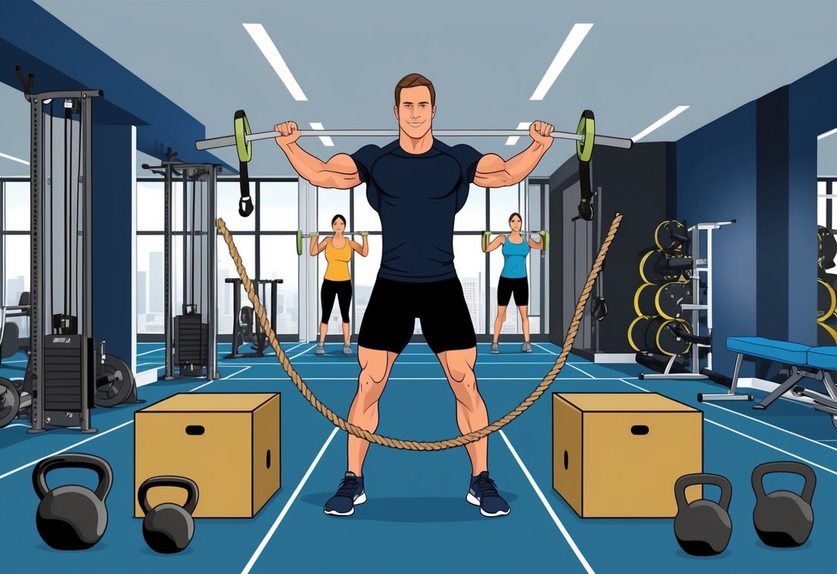 A high-intensity interval training (HIIT) scene with various equipment and exercises, such as kettlebells, battle ropes, and plyometric boxes, in a modern gym setting