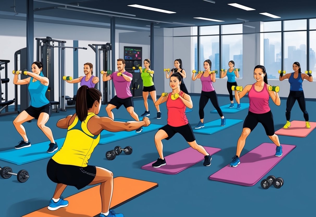 A group of individuals performing various high-intensity interval training exercises in a gym setting, with equipment and different fitness levels and goals represented