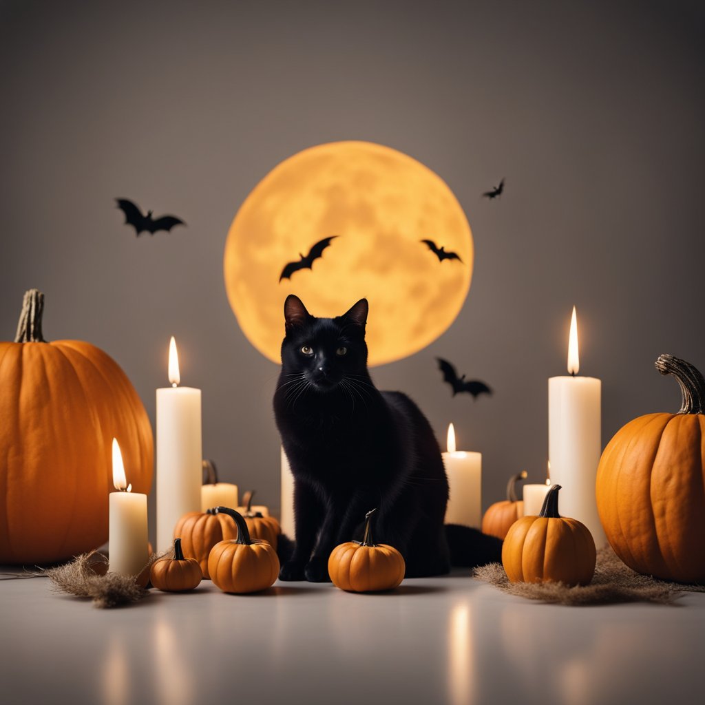 Une scène d'Halloween minimaliste avec une décoration simple : une silhouette de chat noir contre une pleine lune, entourée de petites citrouilles et de bougies.