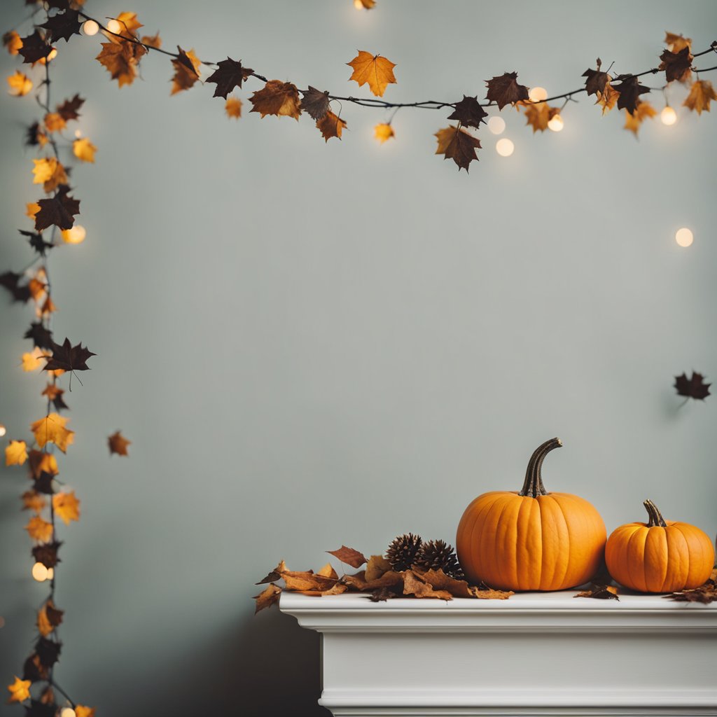 Une décoration d'Halloween minimaliste avec une guirlande de feuilles mortes accrochée à un mur