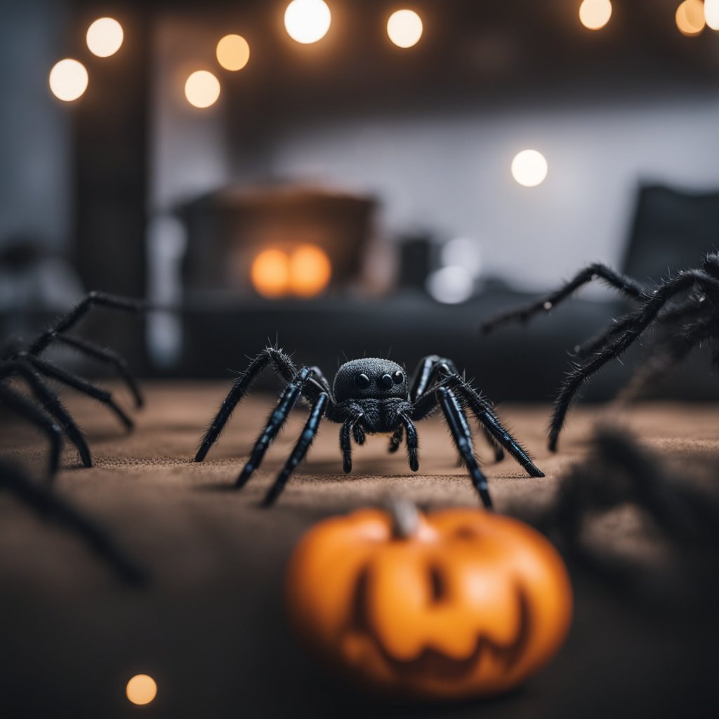 Une scène d'Halloween effrayante avec des araignées en plastique rampant sur une décoration minimaliste