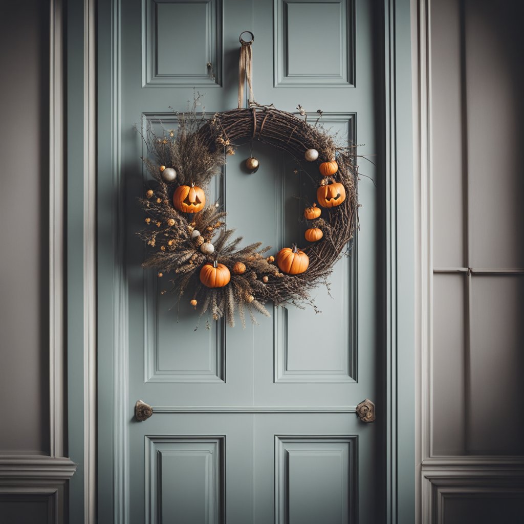 Une couronne d'Halloween minimaliste faite de branches sèches est accrochée à une porte.