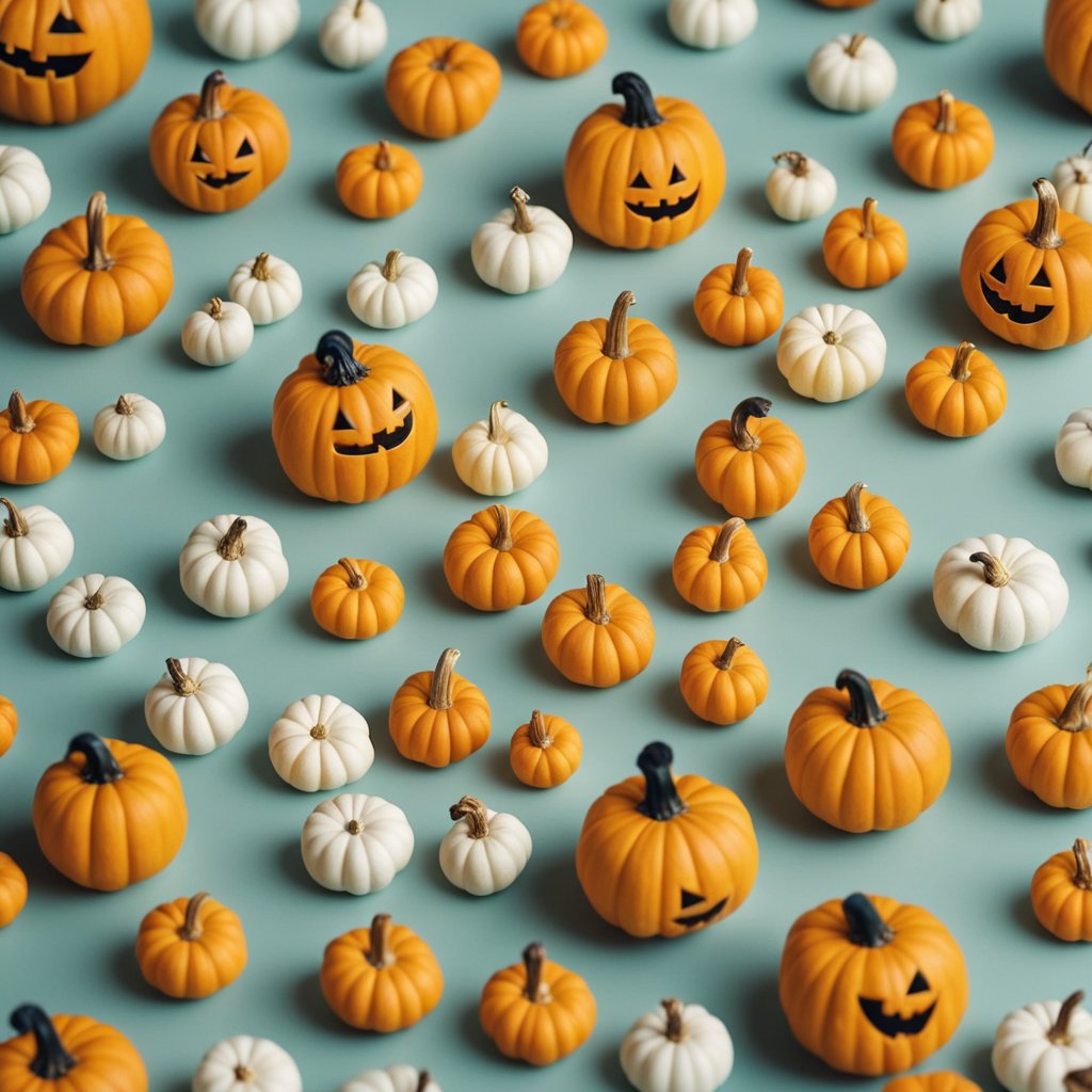 Mini citrouilles peintes disposées sur une table avec une décoration minimaliste pour Halloween et des célébrations économiques