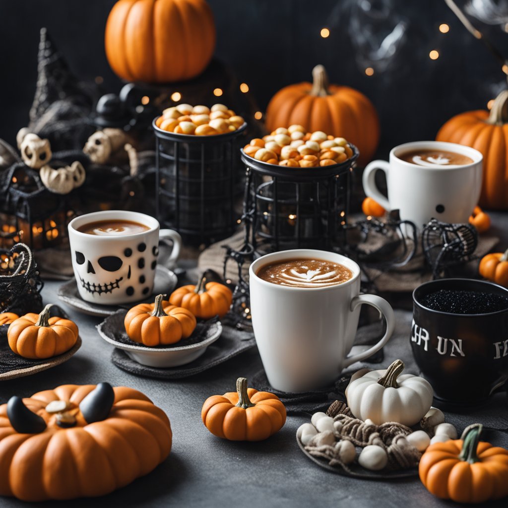 Une scène d'Halloween minimaliste avec des réchauffe-tasses, une décoration effrayante et des fournitures de fête économiques