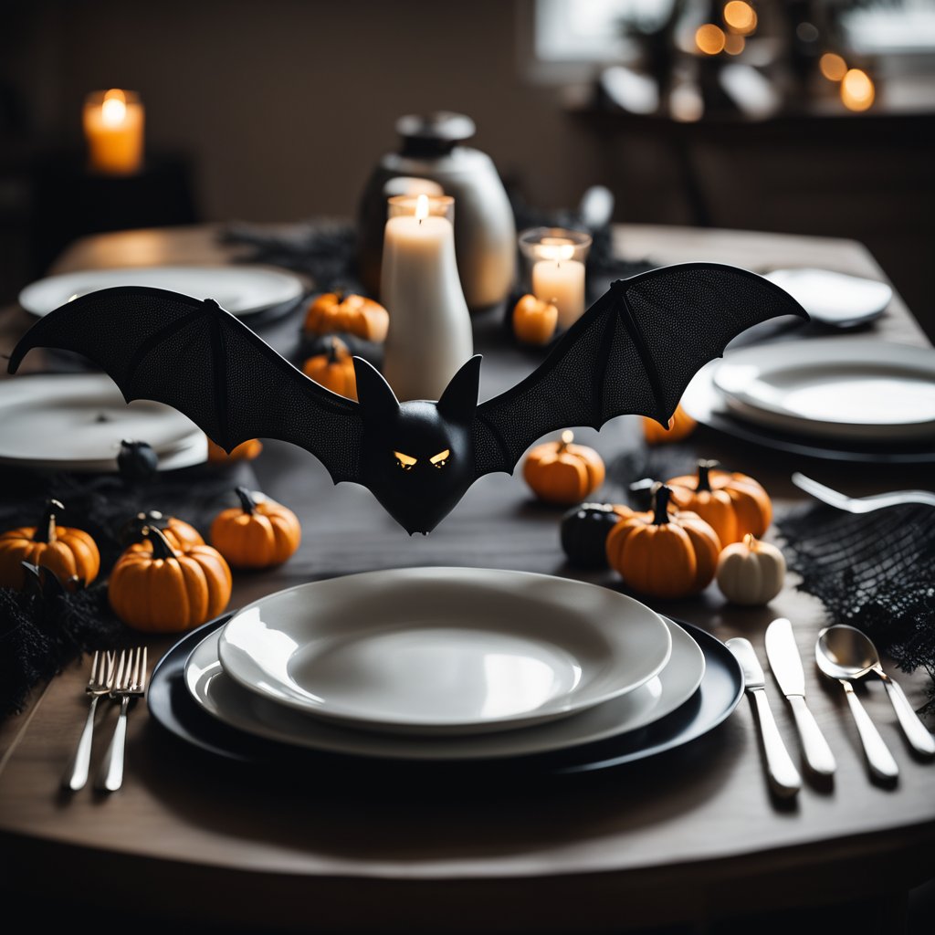 Une décoration de table en forme de chauve-souris avec un décor d'Halloween minimaliste