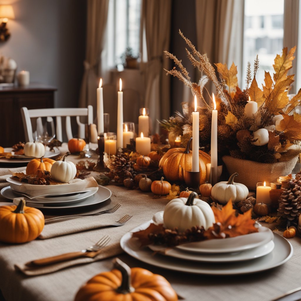 Une scène automnale chaleureuse avec une table dressée pour un rassemblement festif, entourée de feuilles colorées et de citrouilles, avec un éclairage doux et des décorations élégantes.