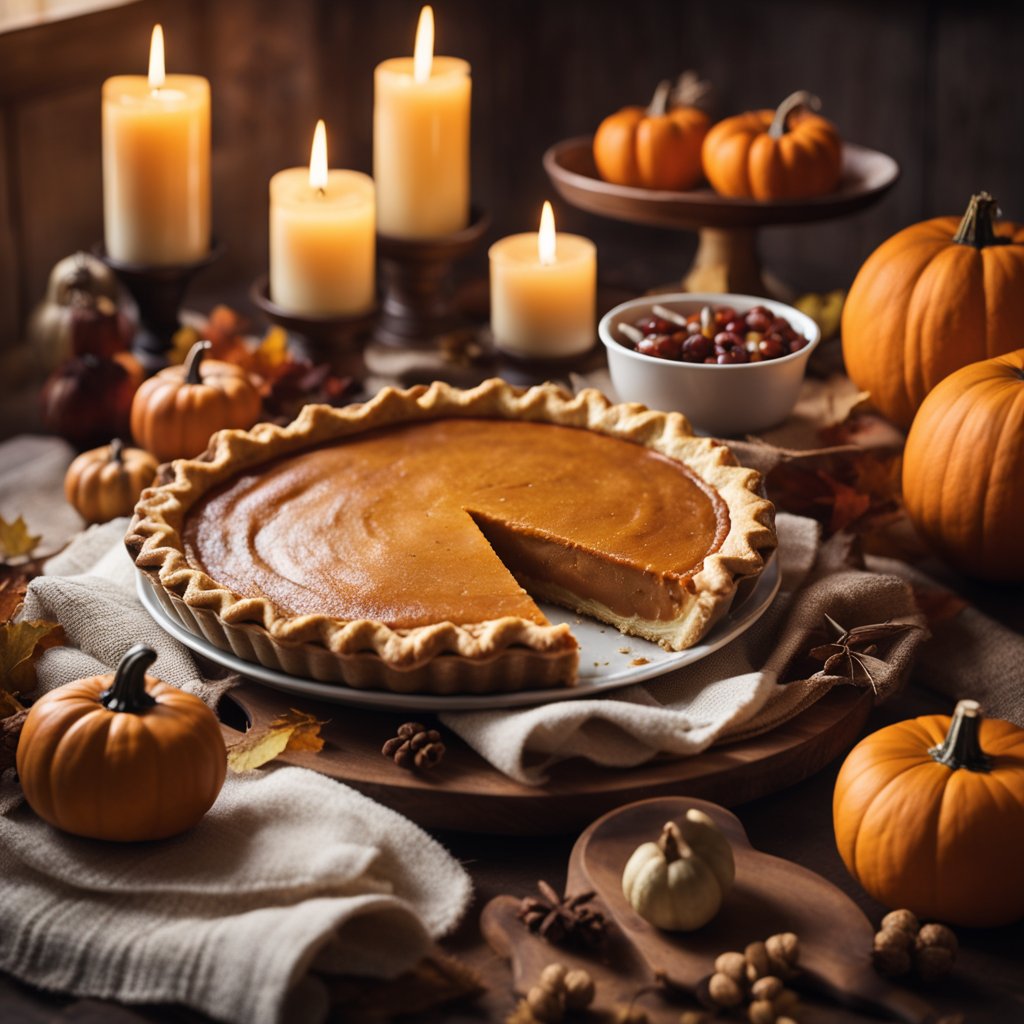 Une cuisine cozy avec une table en bois rustique garnie de tartes à la citrouille faites maison et de décorations d'automne, entourée de couleurs chaudes d'automne et d'une douce lumière de bougie.