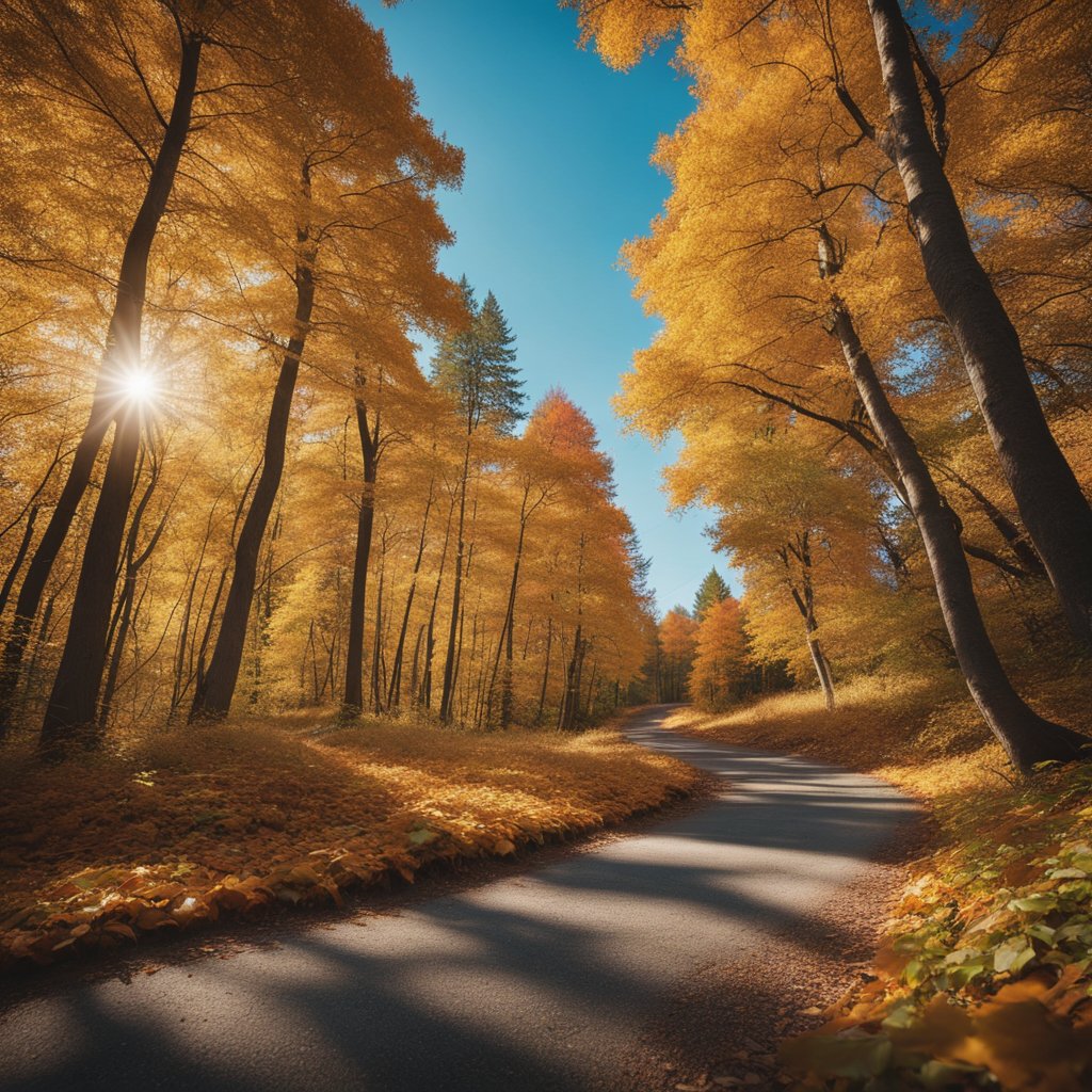 Une forêt paisible avec un feuillage d'automne vibrant, un chemin sinueux et un ciel bleu clair